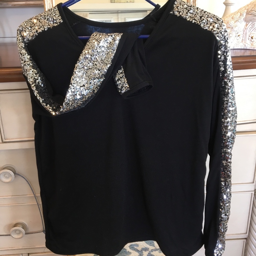 Black tee shirt with silver sequin sleeves NWOT